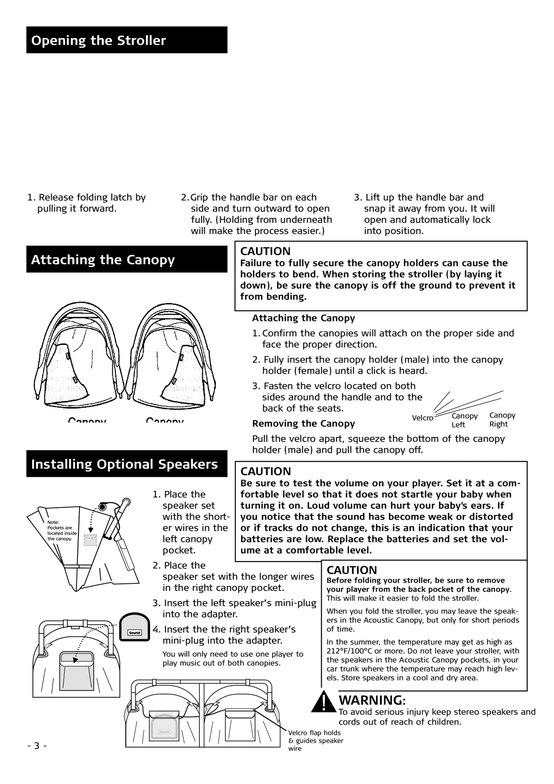 Combi 7040 Series instruction manual Opening the Stroller, Attaching the Canopy, Installing Optional Speakers 