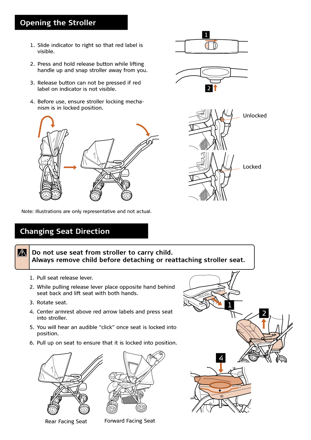 Combi 7100 Series instruction manual Opening the Stroller, Changing Seat Direction 