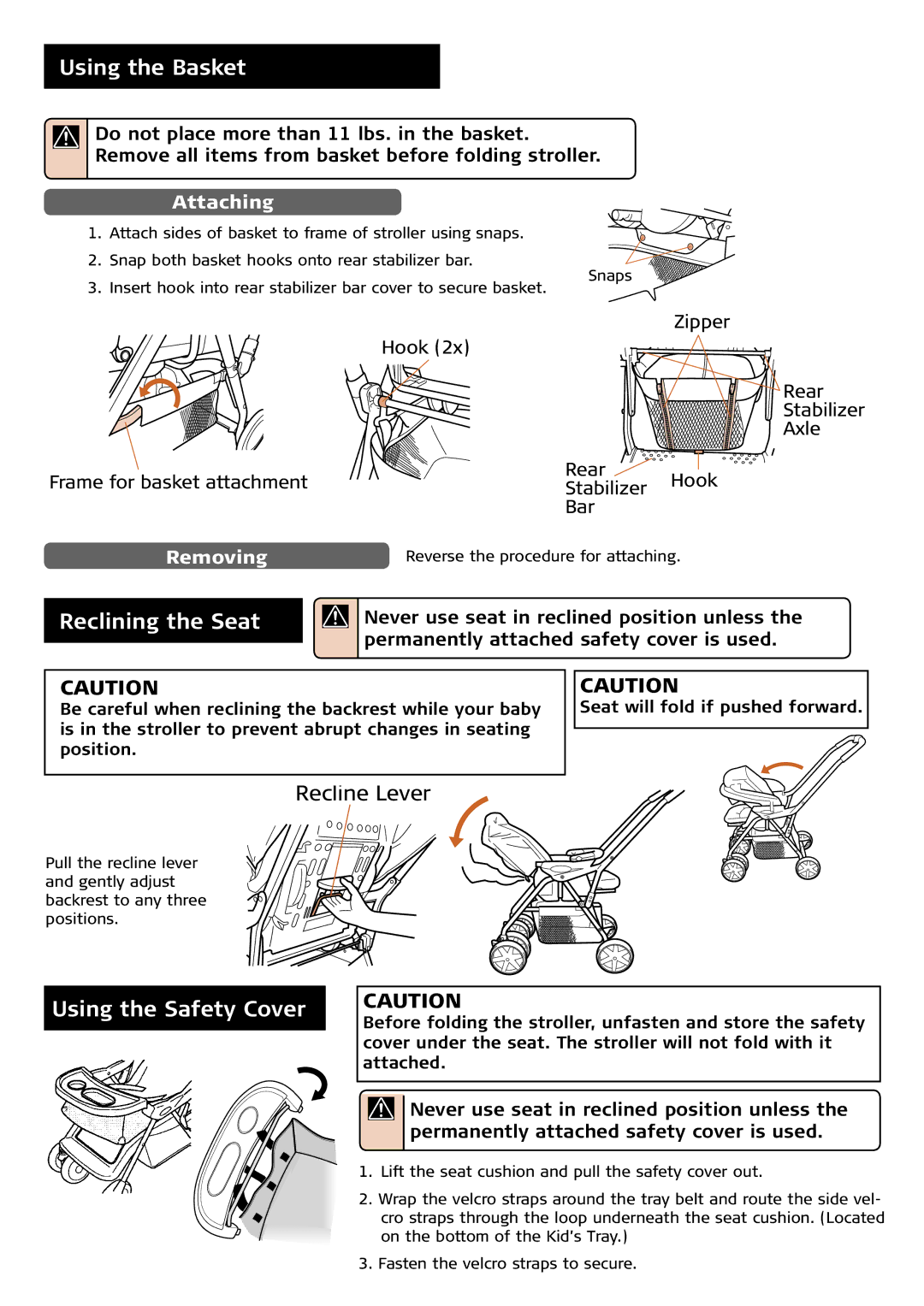 Combi 7100 Series instruction manual Using the Basket, Reclining the Seat, Using the Safety Cover 