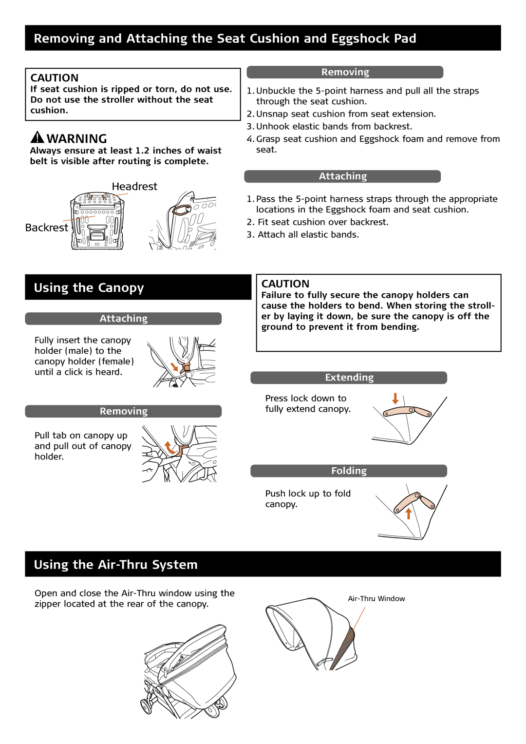 Combi 7100 Series Removing and Attaching the Seat Cushion and Eggshock Pad, Using the Canopy, Using the Air-Thru System 