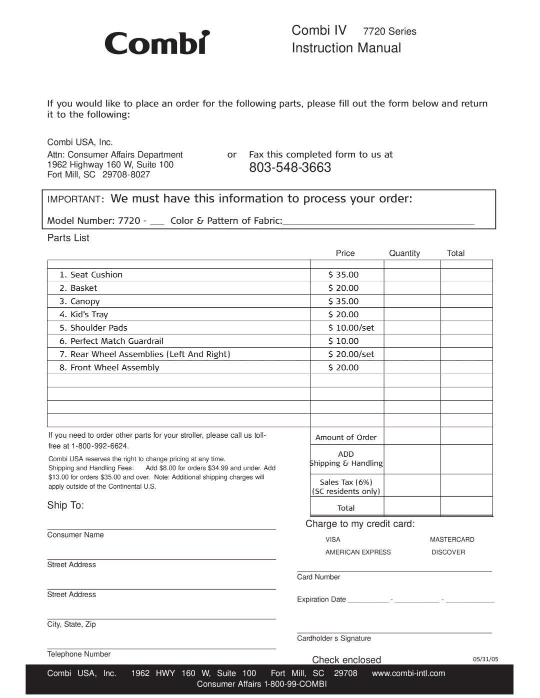 Combi 7720 instruction manual Combi USA, Inc, Price Quantity Total 