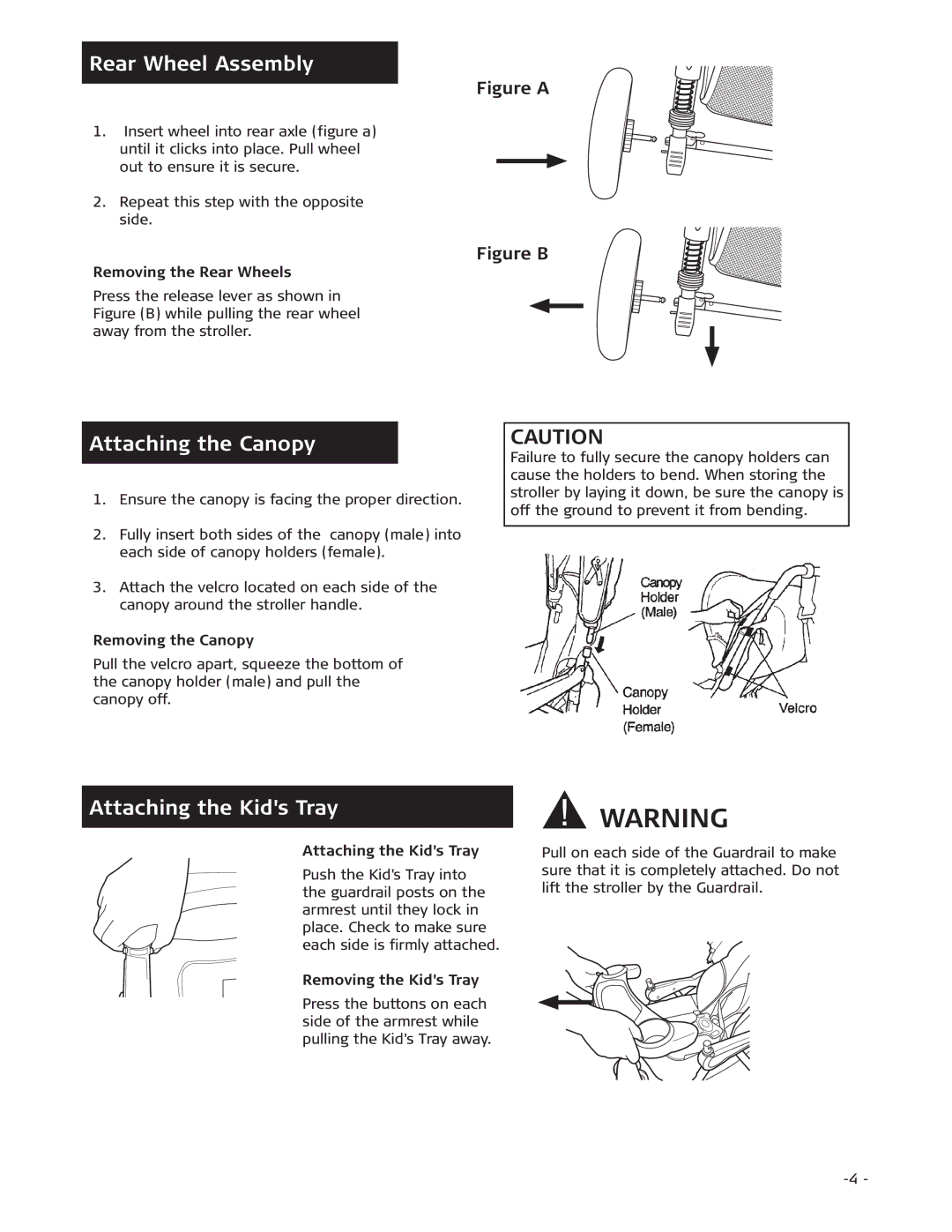 Combi 7720 instruction manual Rear Wheel Assembly, Attaching the Canopy, Attaching the Kids Tray 