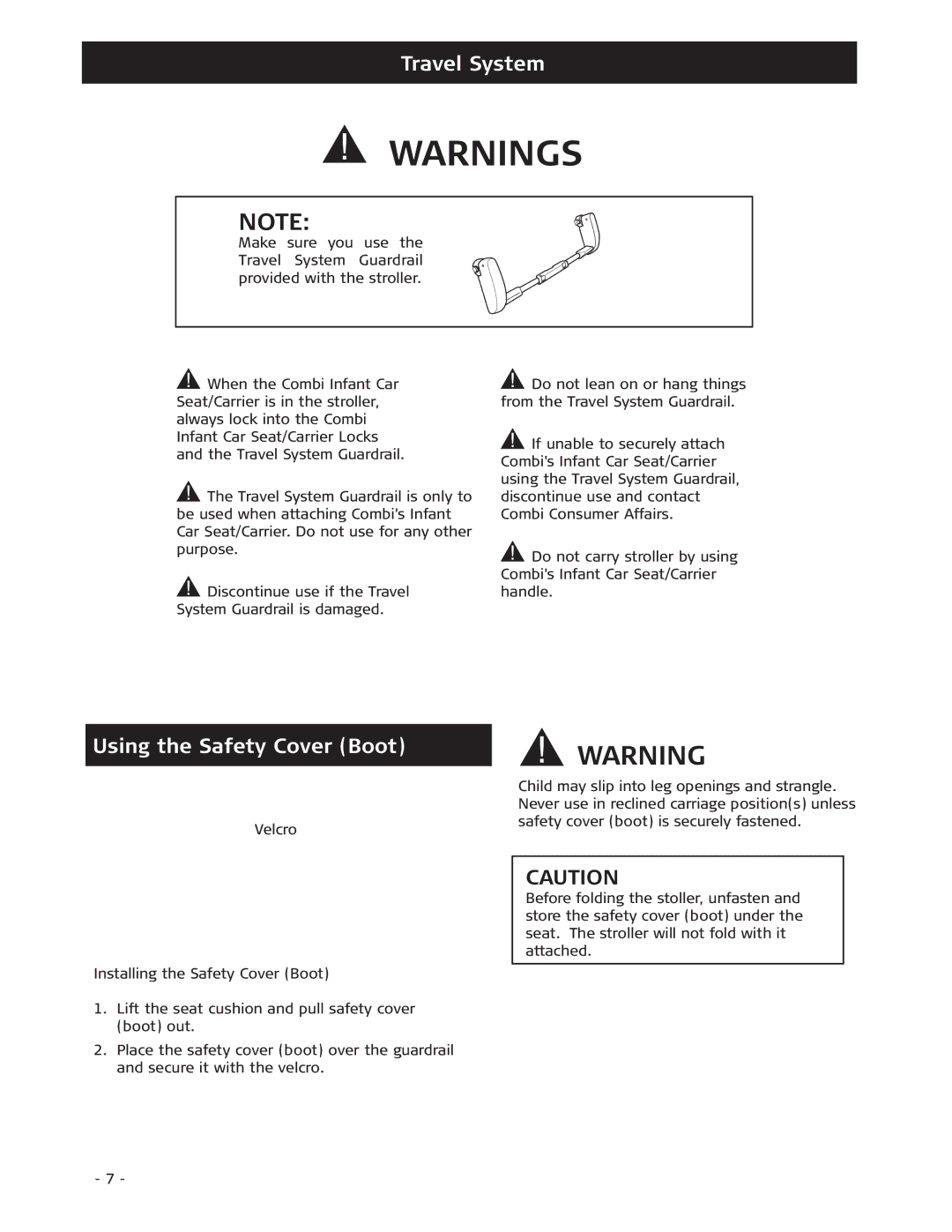 Combi 7720 instruction manual Travel System, Using the Safety Cover Boot 