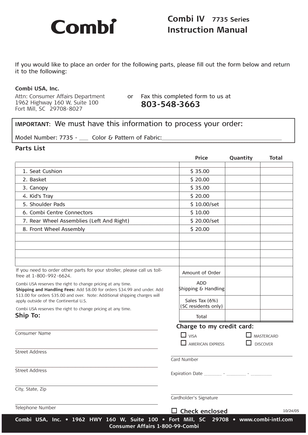 Combi 7735 instruction manual Parts List, Price Quantity Total 