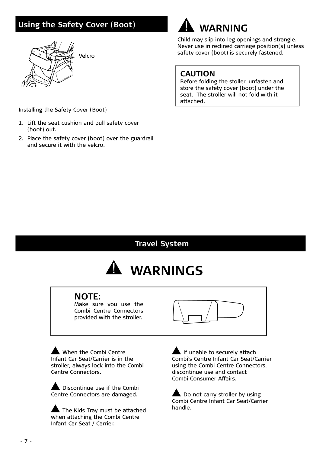 Combi 7735 instruction manual Using the Safety Cover Boot, Travel System 