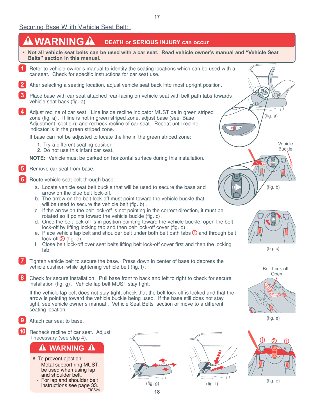 Combi 8000 Series instruction manual Securing Base With Vehicle Seat Belt, Fig. a Vehicle Buckle 