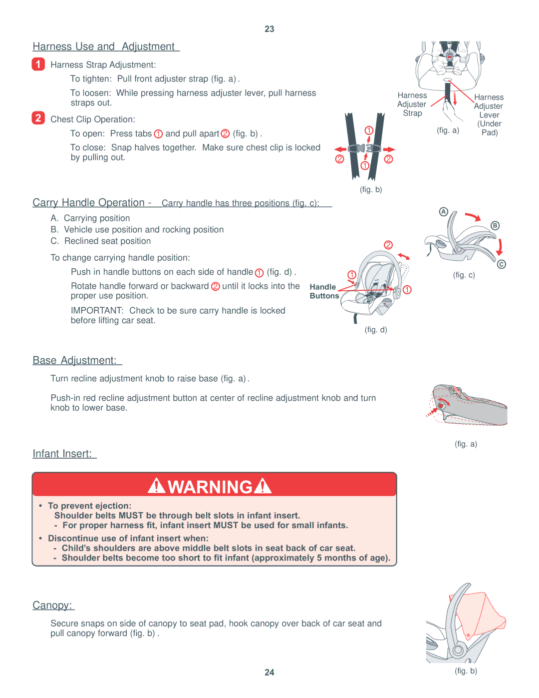 Combi 8000 Series instruction manual Harness Use and Adjustment, Base Adjustment, Infant Insert, Canopy 