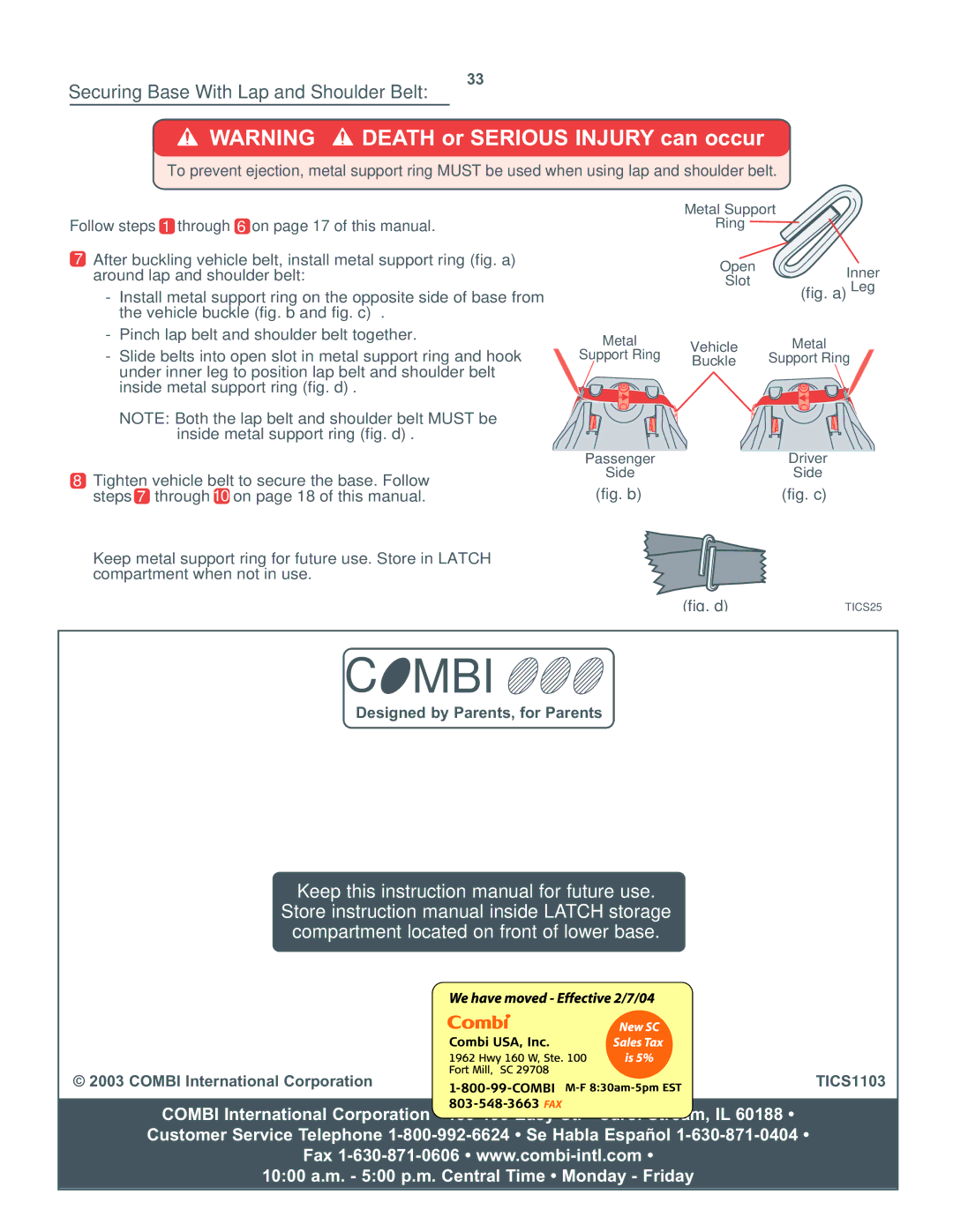 Combi 8000 Series instruction manual Securing Base With Lap and Shoulder Belt, Fig. aLeg 