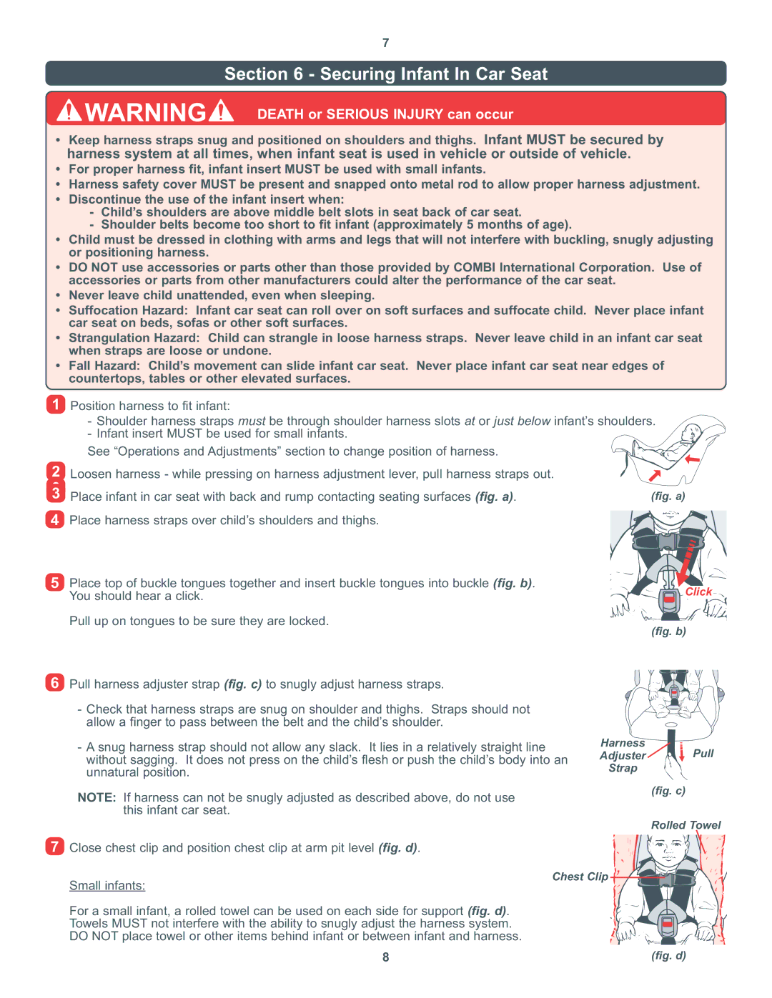 Combi 8000 Series instruction manual Securing Infant In Car Seat 