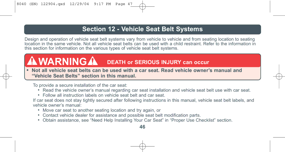 Combi 8040 instruction manual Vehicle Seat Belt Systems 