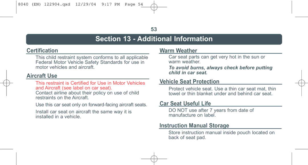 Combi 8040 instruction manual Additional Information, Certification Warm Weather 