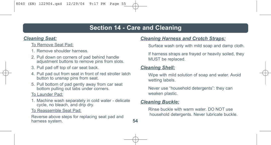 Combi 8040 instruction manual Care and Cleaning, Cleaning Seat 