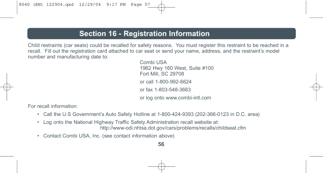 Combi 8040 instruction manual Registration Information 