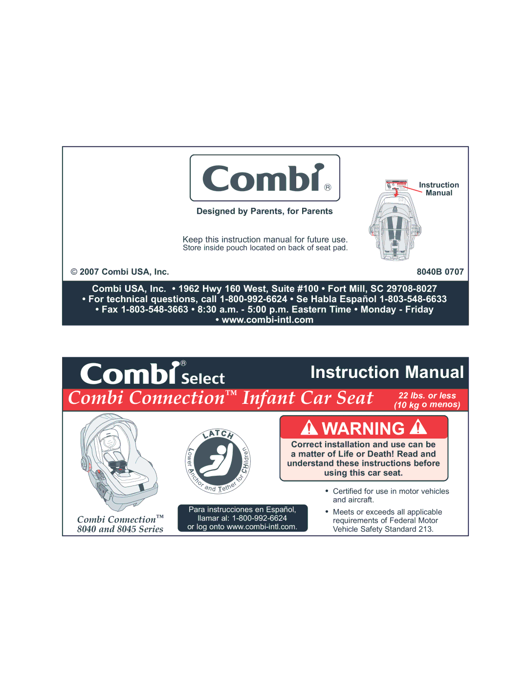 Combi 8045 instruction manual Combi Connection Infant Car Seat 