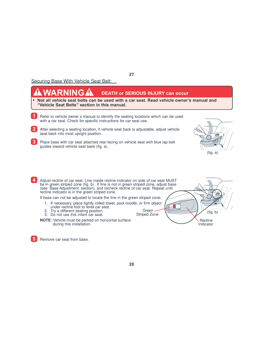 Combi 8045 instruction manual Securing Base With Vehicle Seat Belt, Fig. b Recline Indicator 