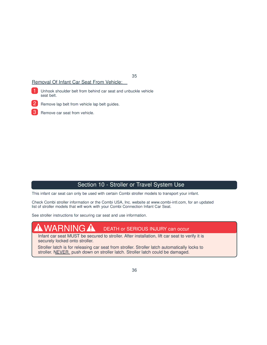 Combi 8045 instruction manual Stroller or Travel System Use, Removal Of Infant Car Seat From Vehicle 