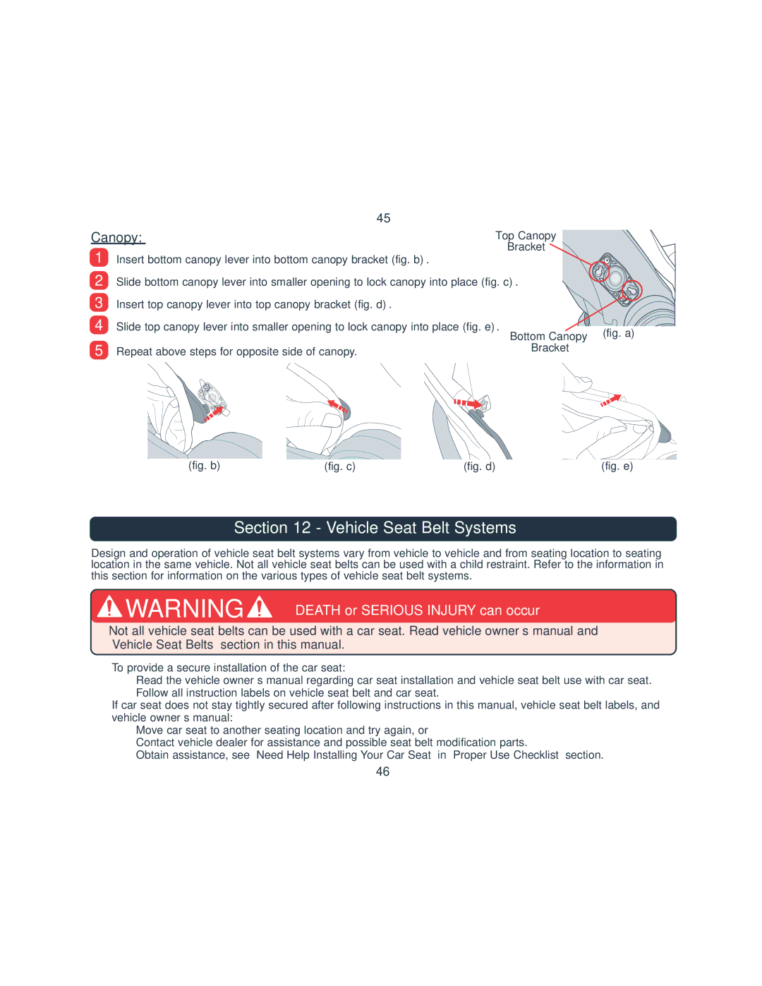 Combi 8045 Vehicle Seat Belt Systems, Top Canopy, Insert bottom canopy lever into bottom canopy bracket, Bottom Canopy 