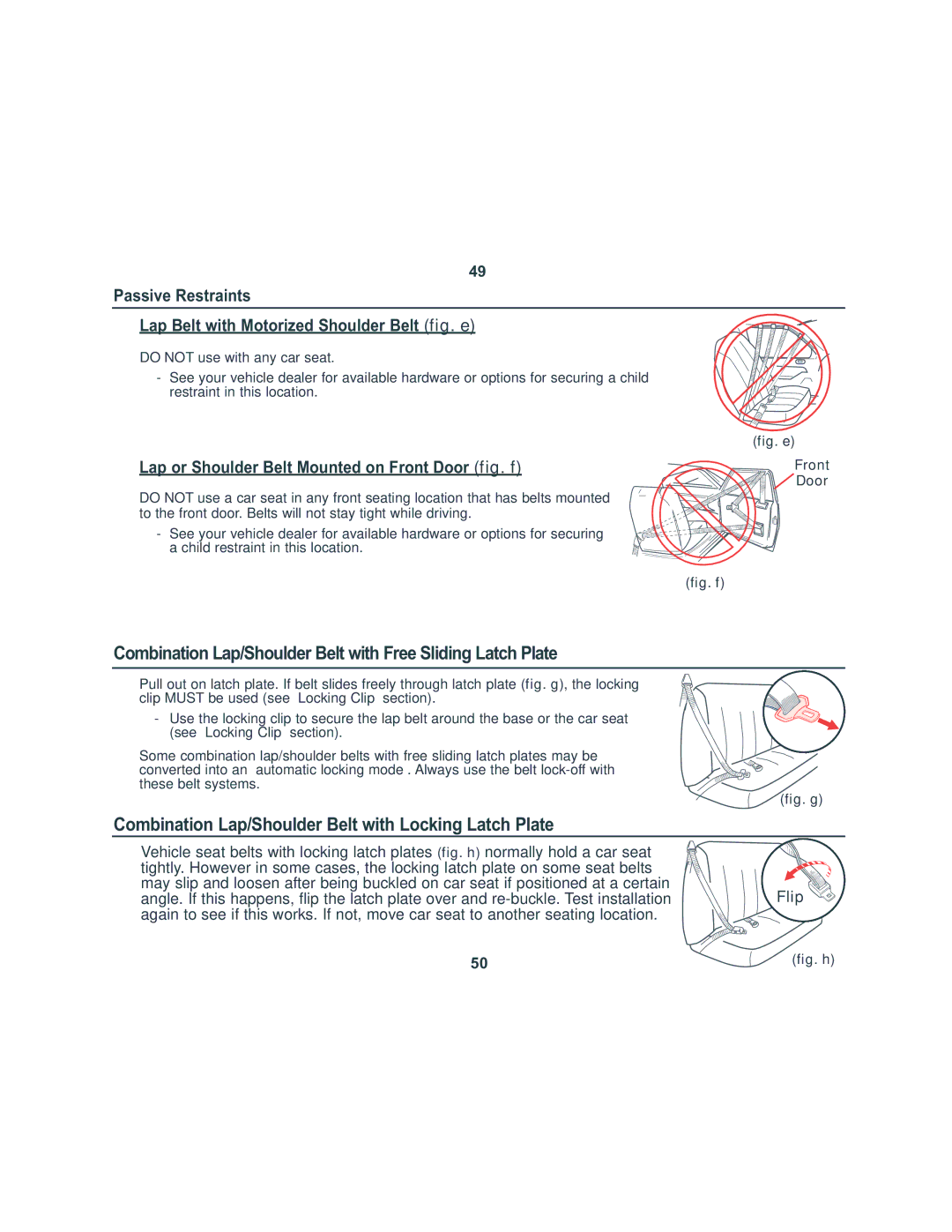 Combi 8045 instruction manual Lap or Shoulder Belt Mounted on Front Door fig. f, Fig. e Front Door 