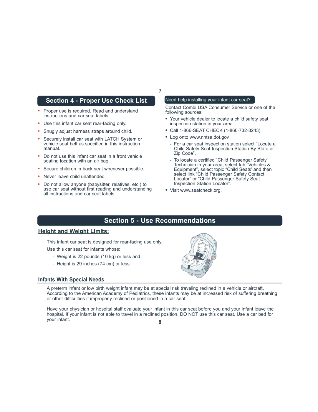 Combi 8045 instruction manual Use Recommendations, Height and Weight Limits, Infants With Special Needs 