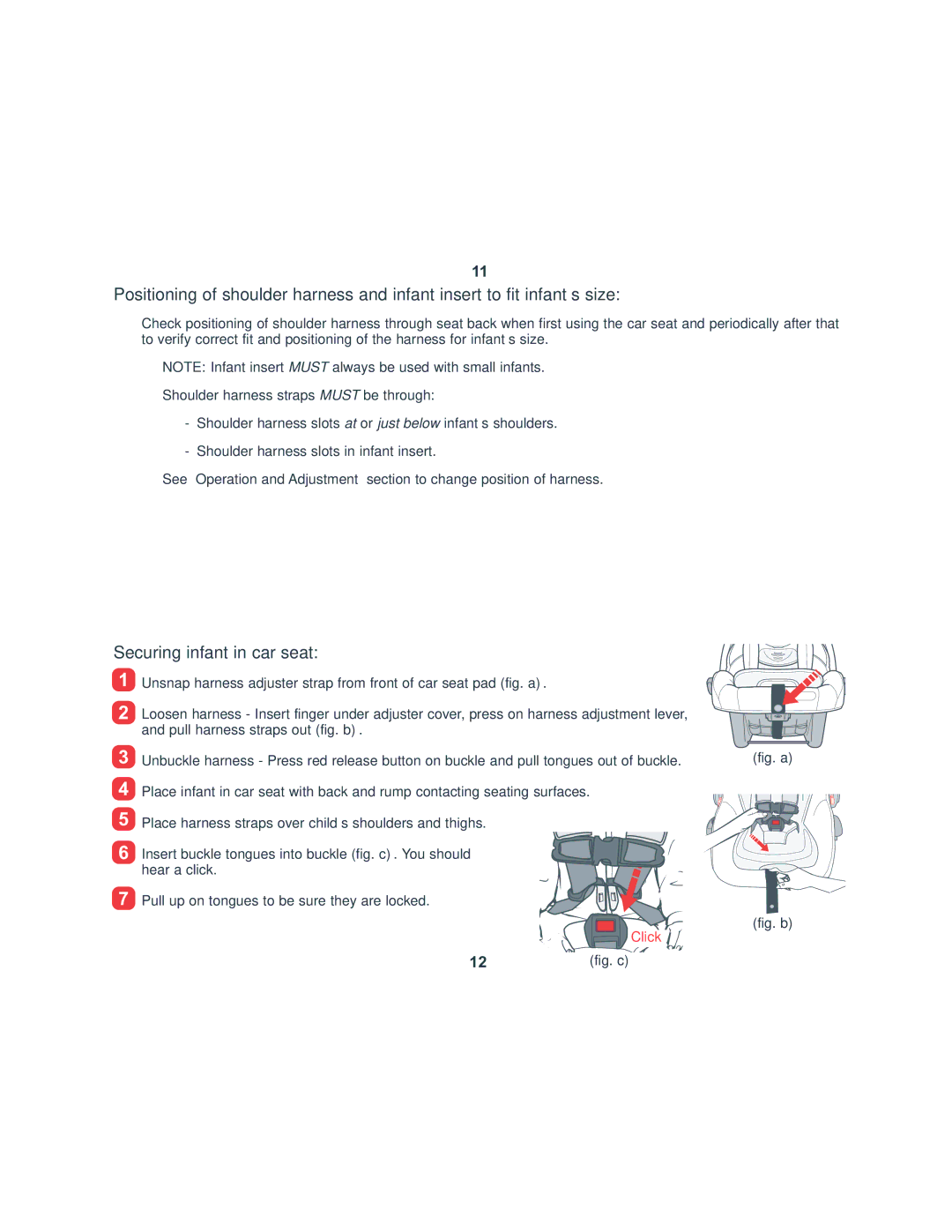 Combi 8045 instruction manual Securing infant in car seat, Fig. c 