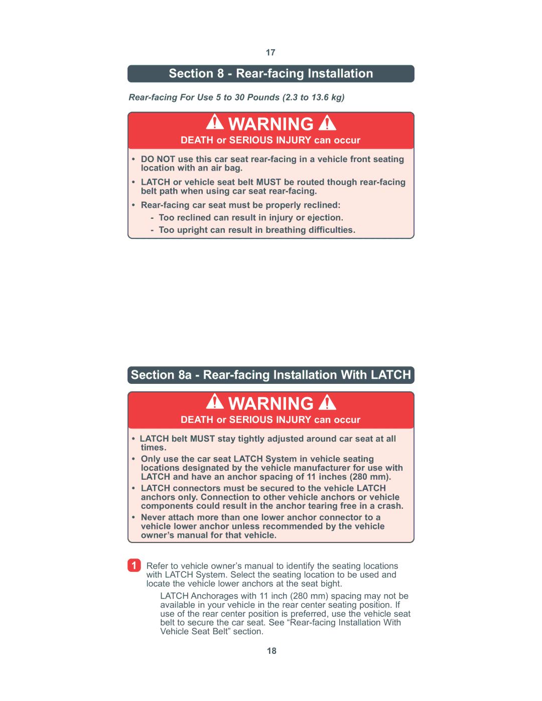 Combi 8100 instruction manual Rear-facing Installation With Latch, Rear-facing For Use 5 to 30 Pounds 2.3 to 13.6 kg 