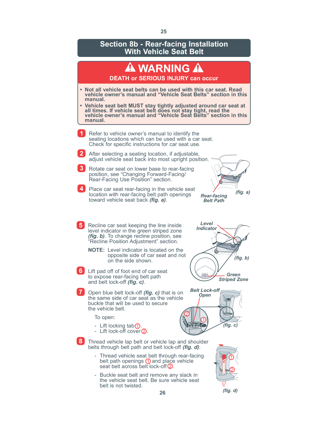 Combi 8100 instruction manual Rear-facing Installation With Vehicle Seat Belt, Fig. a Rear-facing Belt Path 