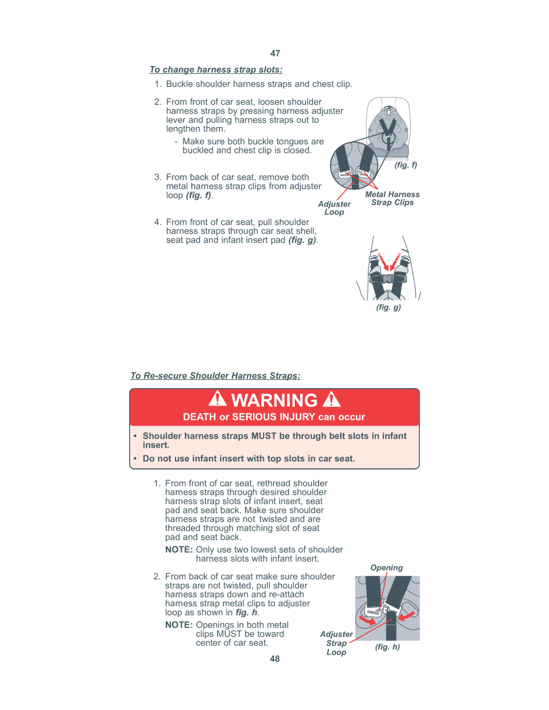 Combi 8100 instruction manual To change harness strap slots, To Re-secure Shoulder Harness Straps 