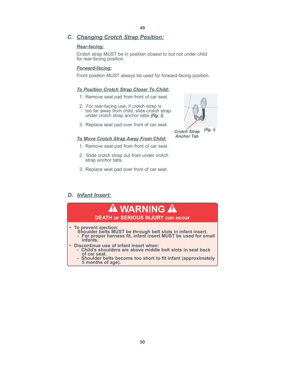 Combi 8100 instruction manual Changing Crotch Strap Position, Infant Insert 