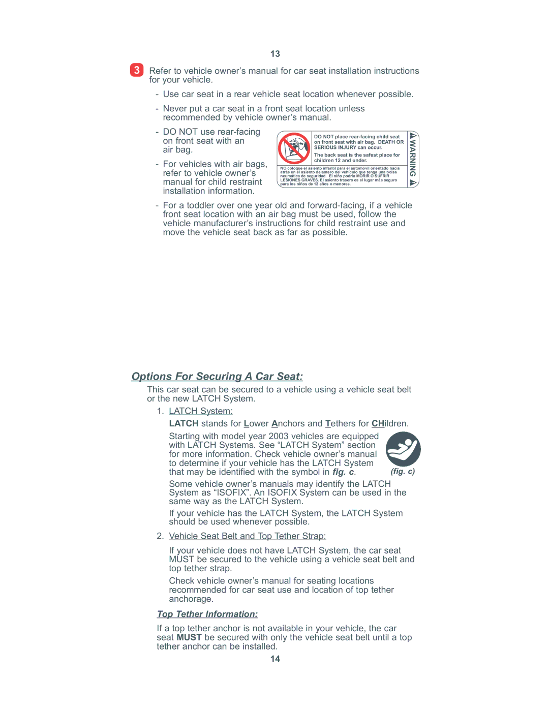 Combi 8100 instruction manual Options For Securing a Car Seat, Top Tether Information 