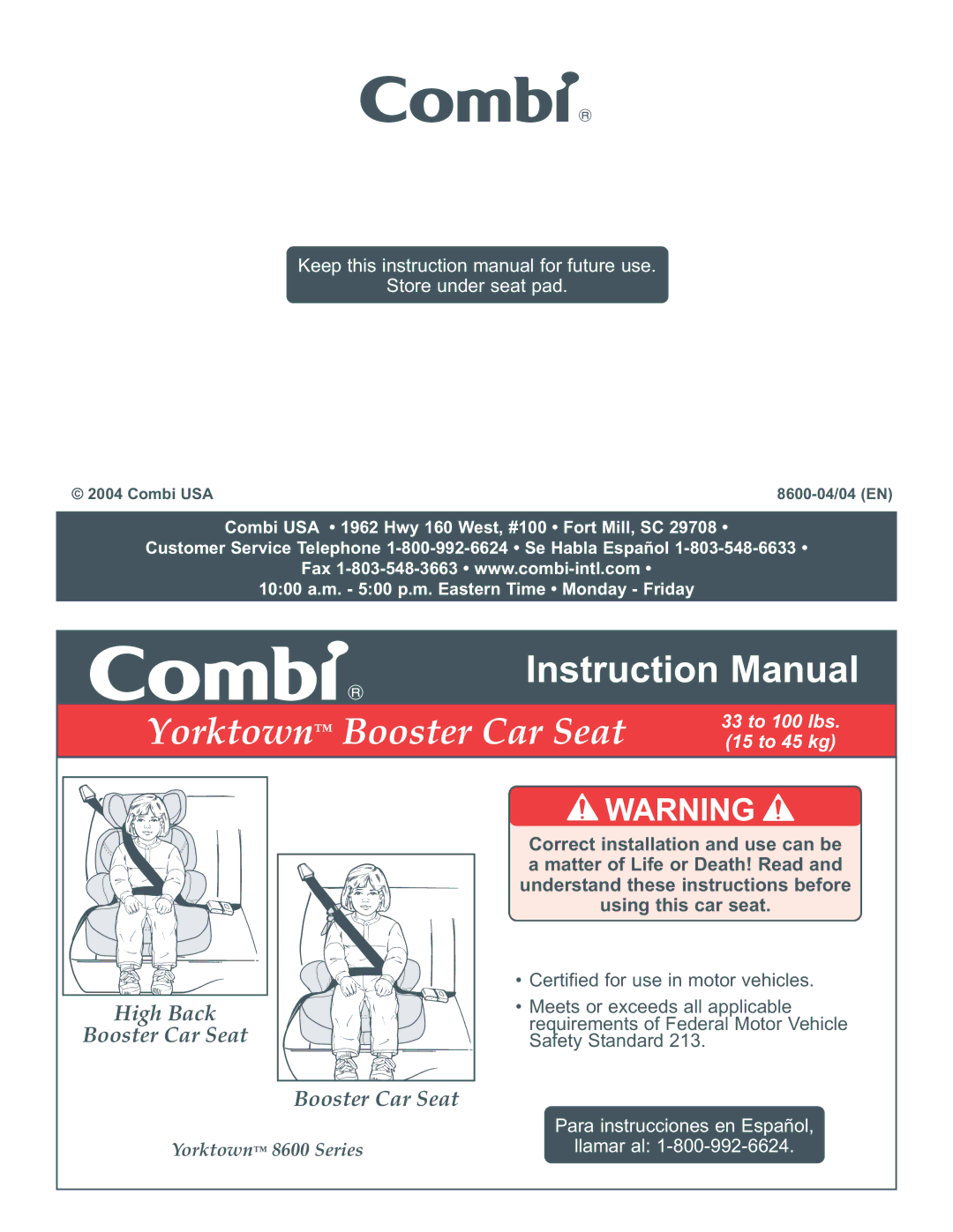 Combi 8600 Series instruction manual Yorktown Booster Car Seat 