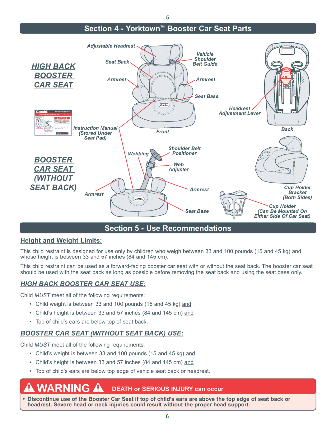 Combi 8600 Series instruction manual Yorktown Booster Car Seat Parts, Use Recommendations 