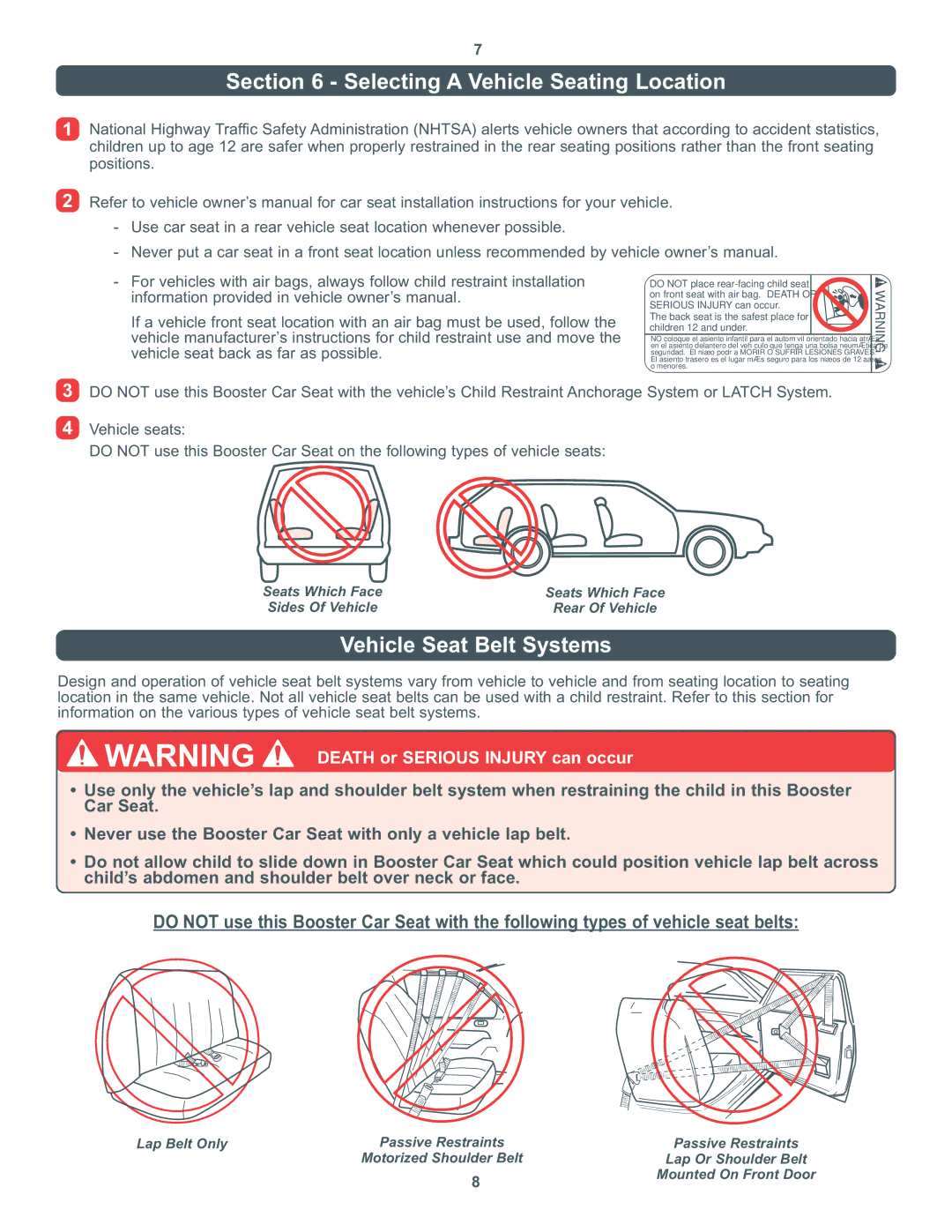 Combi 8600 Series instruction manual Selecting a Vehicle Seating Location, Vehicle Seat Belt Systems 