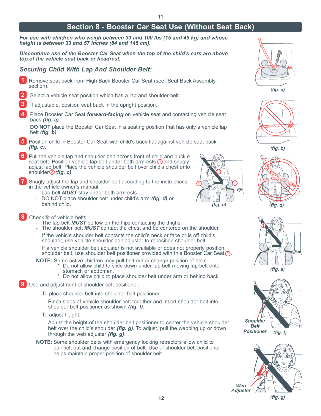 Combi 8600 Series instruction manual Booster Car Seat Use Without Seat Back, Fig. f 