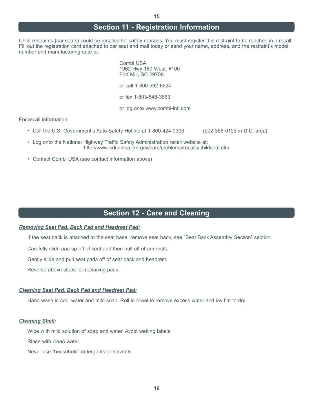 Combi 8600 Series instruction manual Registration Information, Care and Cleaning 