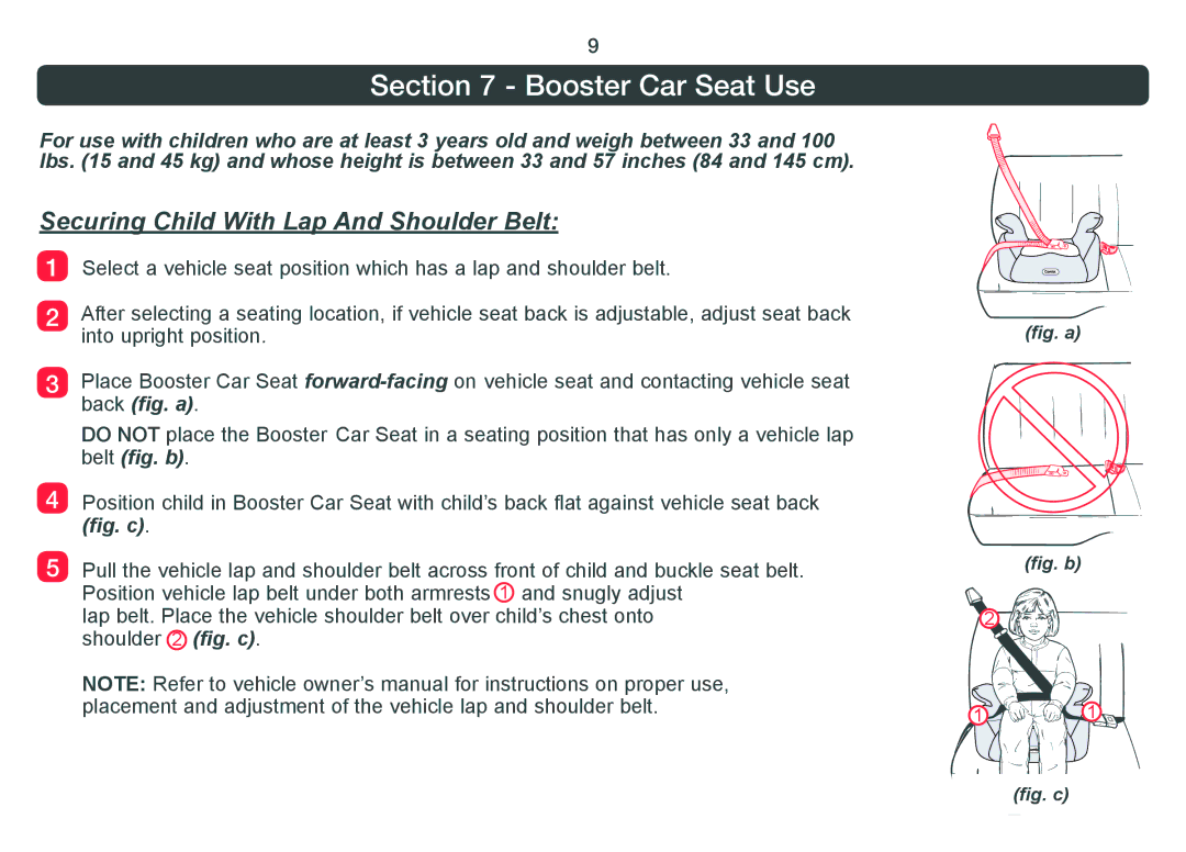 Combi 8820 instruction manual Booster Car Seat Use, Securing Child With Lap And Shoulder Belt 