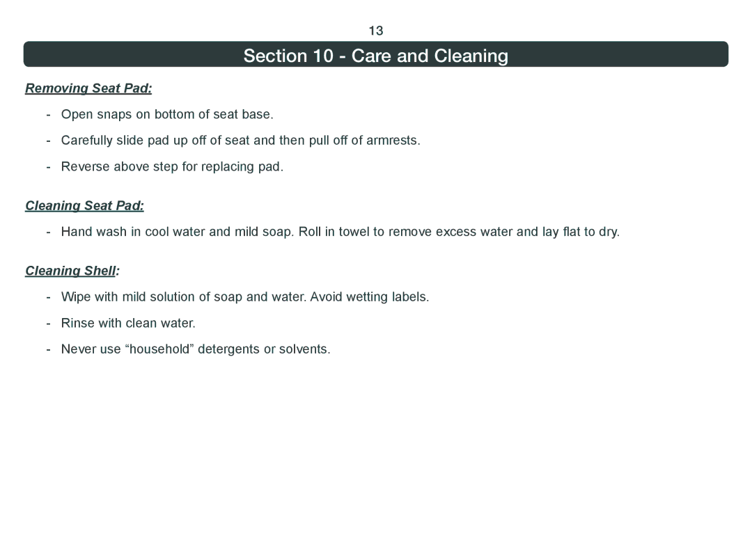 Combi 8820 instruction manual Care and Cleaning, Removing Seat Pad 