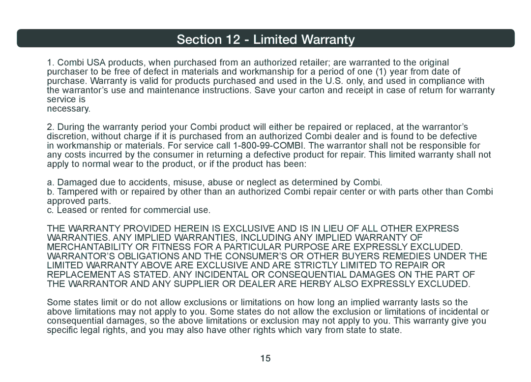 Combi 8820 instruction manual Limited Warranty 