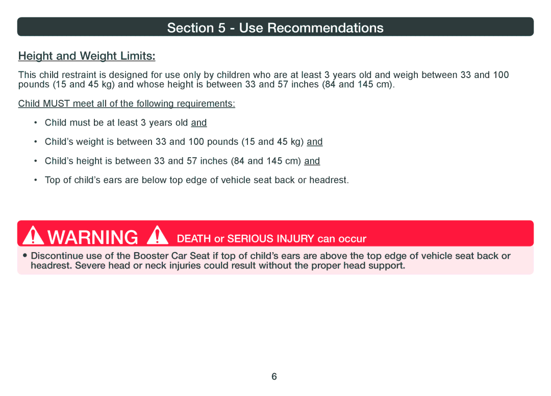 Combi 8820 instruction manual Use Recommendations, Height and Weight Limits 