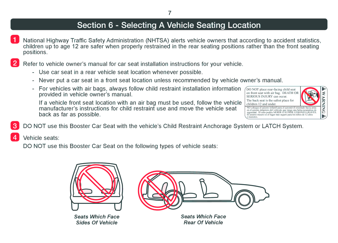 Combi 8820 instruction manual Selecting a Vehicle Seating Location 