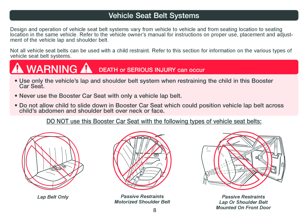 Combi 8820 instruction manual Vehicle Seat Belt Systems 