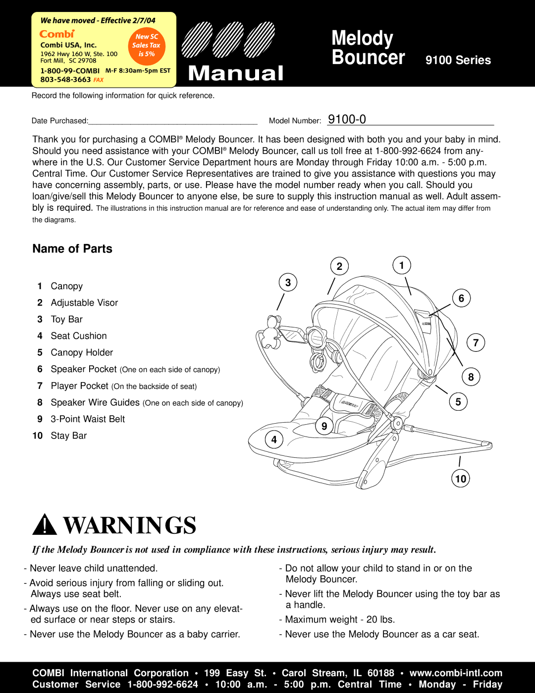 Combi 9100-0 instruction manual Melody, Bouncer 9100 Series 