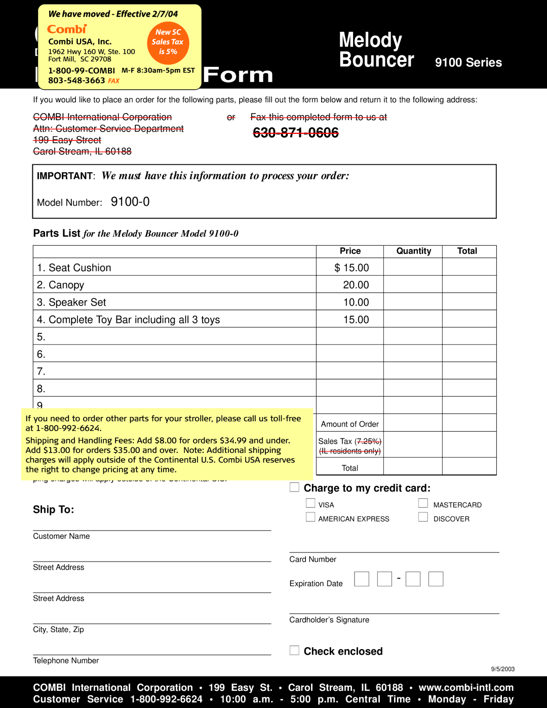 Combi 9100-0 instruction manual Parts Order Form, Price Quantity Total 