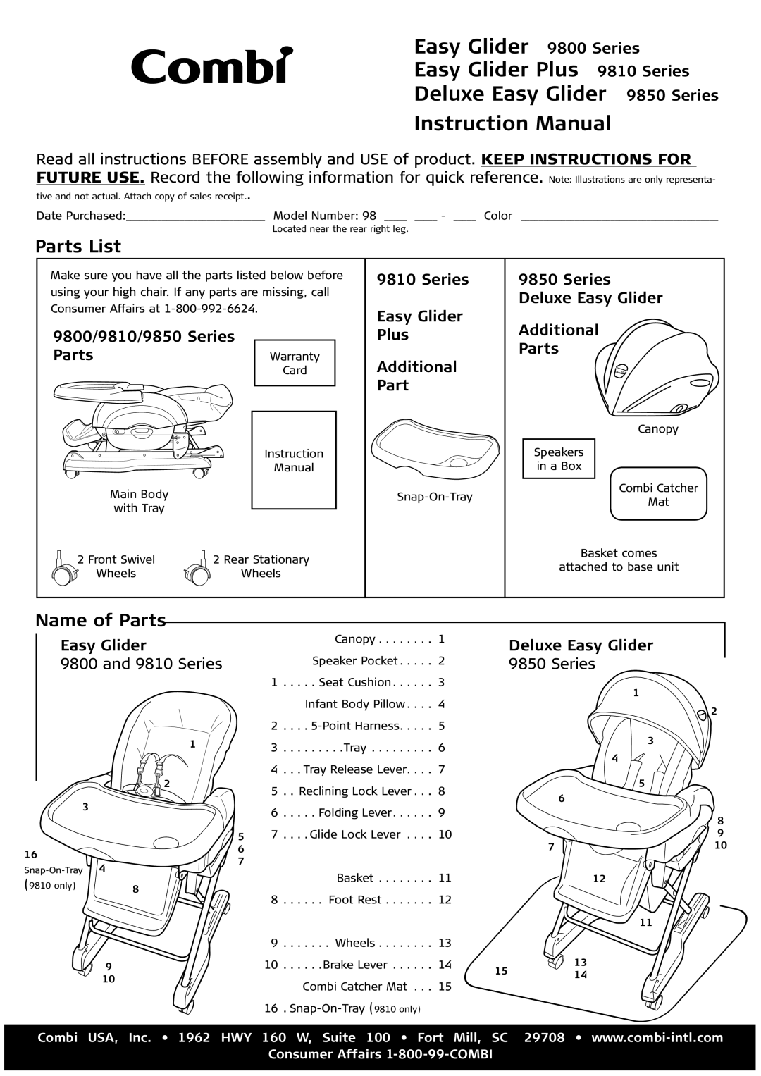 Combi 9850, 9810, 9800 instruction manual Plus Additional Part, Additional Parts, Deluxe Easy Glider 