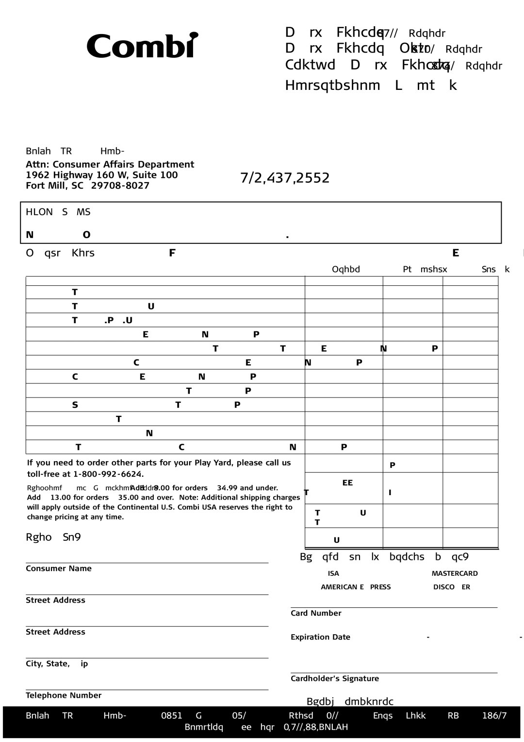 Combi 9800, 9810, 9850 instruction manual Ship To, Price Quantity Total 