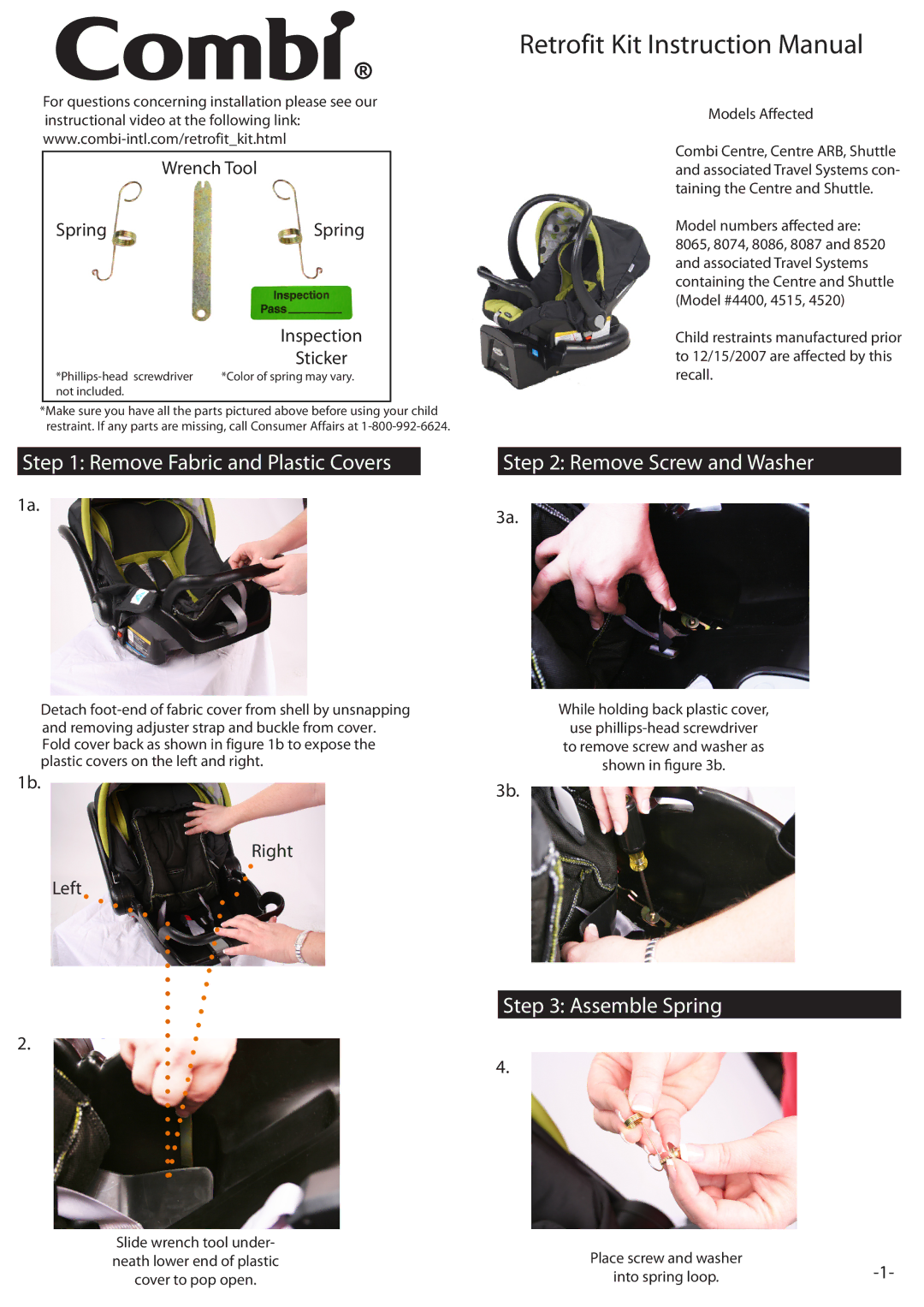 Combi Baby Carrier instruction manual Remove Fabric and Plastic Covers, Remove Screw and Washer, Assemble Spring 