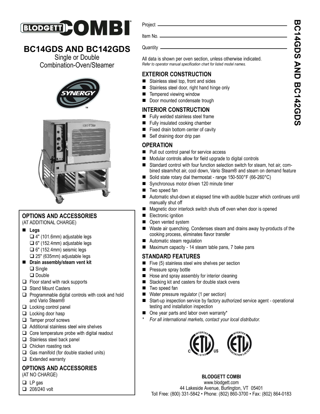 Combi BC14GDS warranty Options and Accessories, Exterior Construction, Interior Construction, Operation, Standard Features 