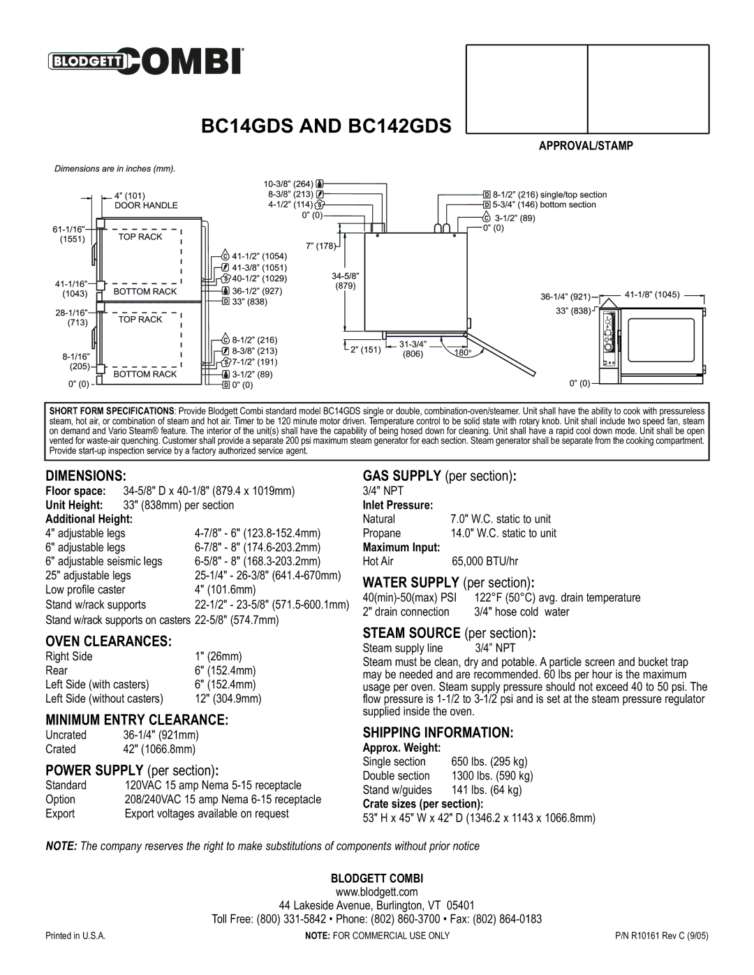 Combi BC142GDS, BC14GDS warranty Dimensions, Oven Clearances, Minimum Entry Clearance, Shipping Information 