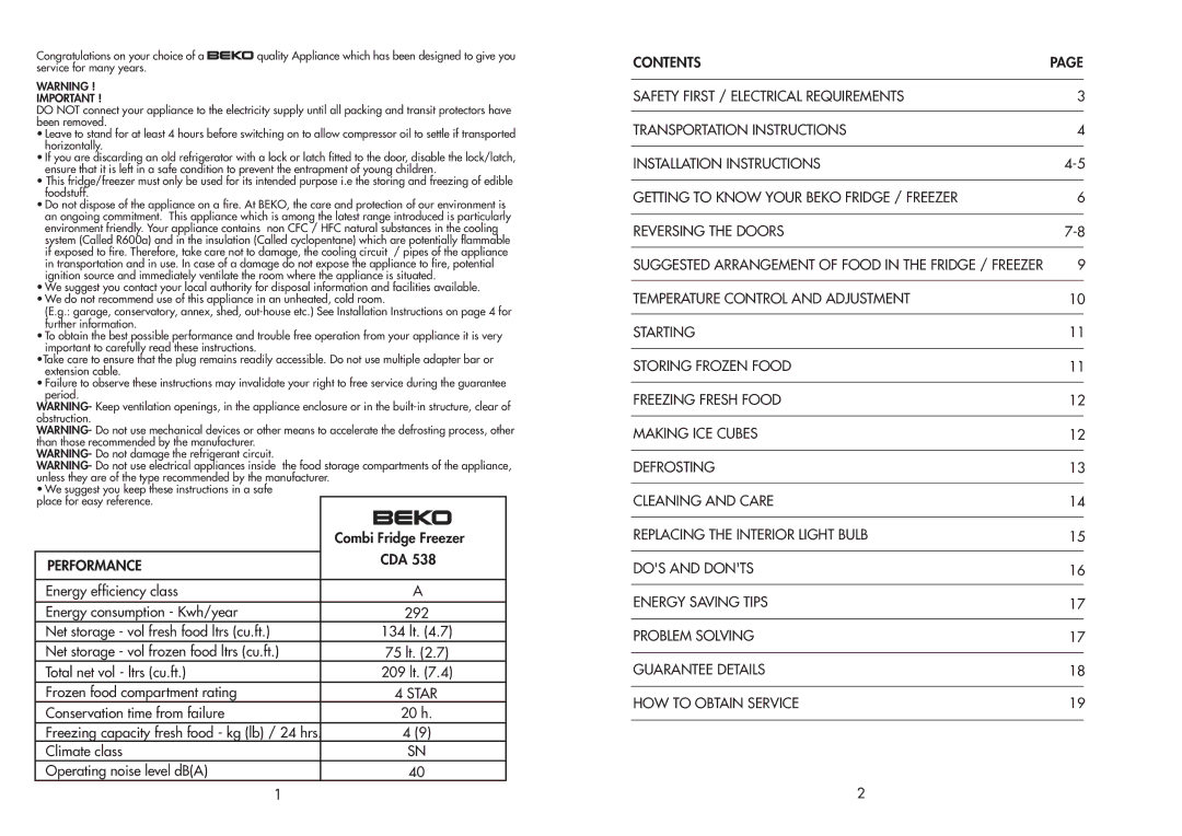 Combi CDA 538 manual Performance 