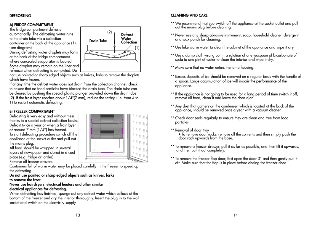 Combi CDA 538 manual Defrosting Fridge Compartment, Freezer Compartment 