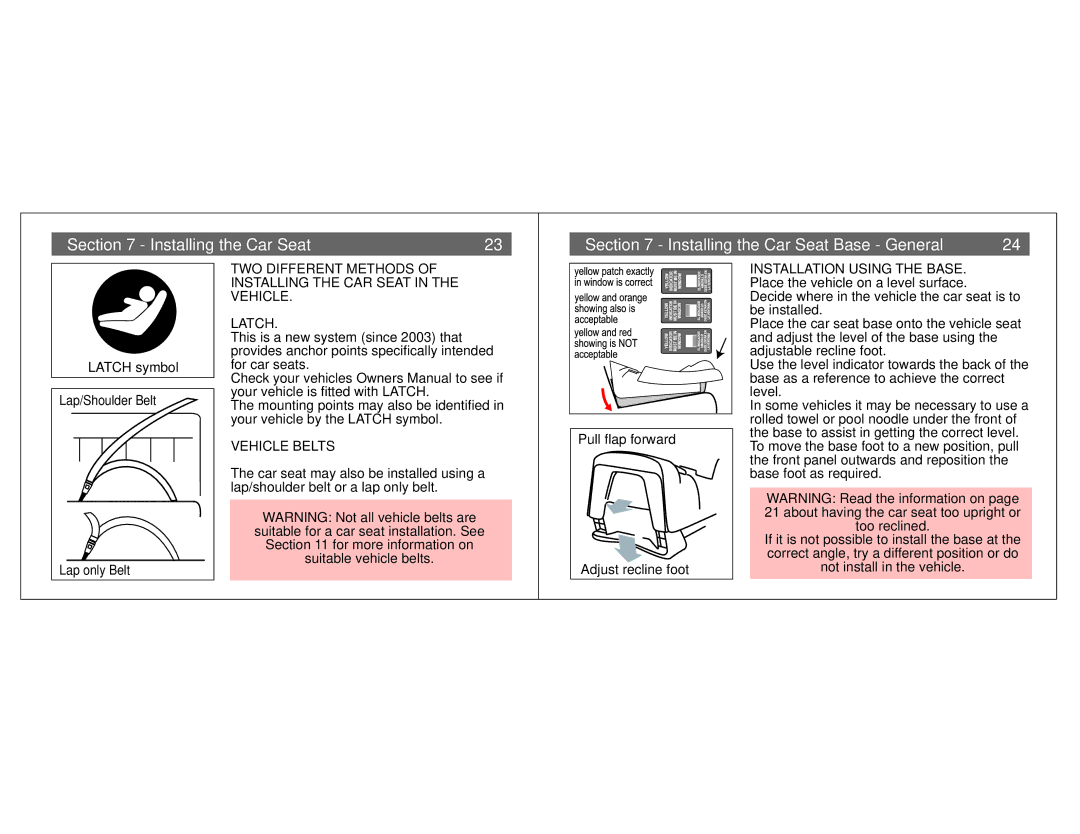 Combi Centre DX 8074, Centre ST 8065 Installing the Car Seat Installing the Car Seat Base General, Vehicle Belts 